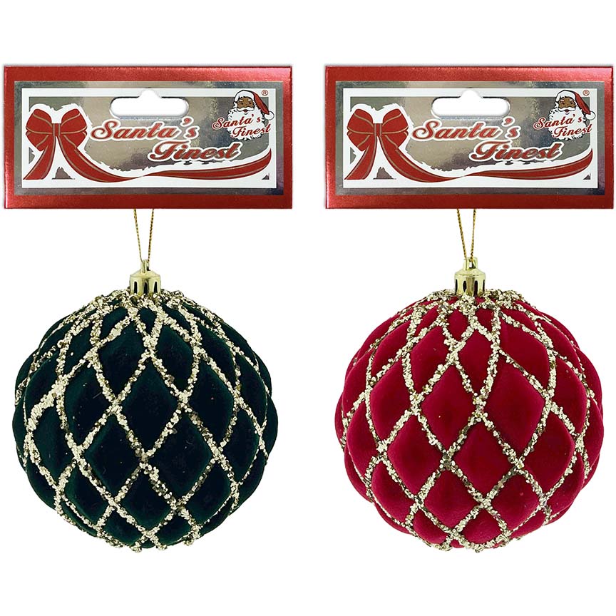 BALL VELVET 10CM RED&GREEN FLOCK