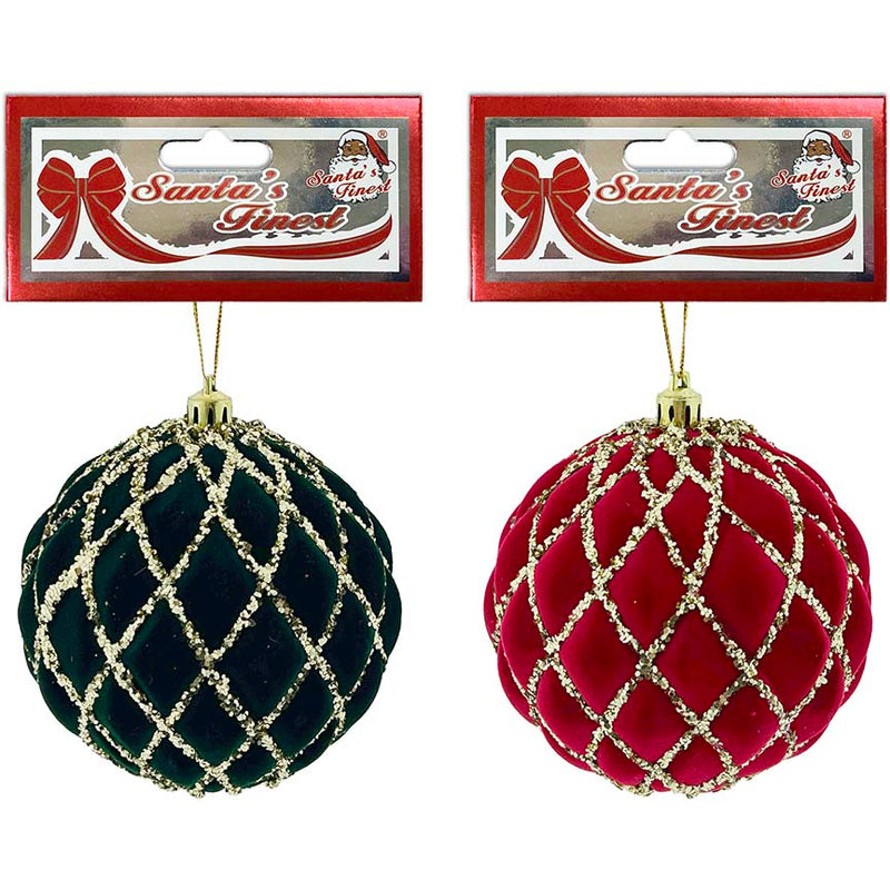 BALL VELVET 10CM RED&GREEN FLOCK