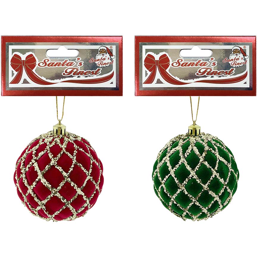 BALL VELVET 8CM RED&GREEN FLOCK