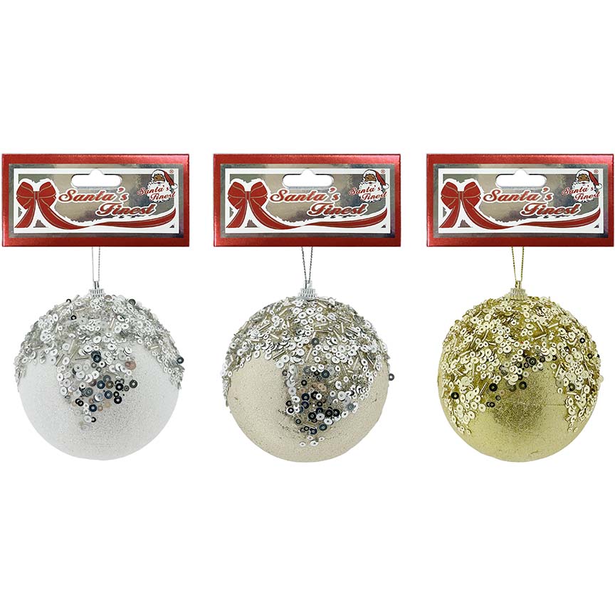 BALL SEQNS SNOWTOP 1PC 10CM 3ASSTD GLD