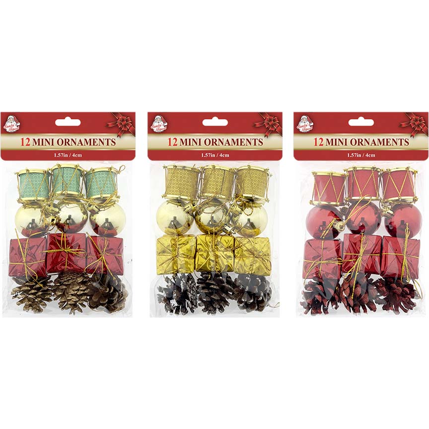 CHRISTMAS ORNAMENT DRUMBALL 12PC 3ASTD