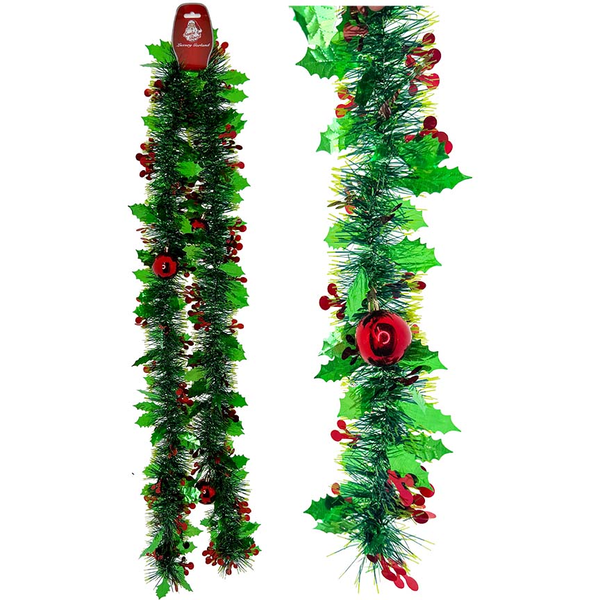 GARLAND W/4BALL HOLLY LF 6FT GRN TRD
