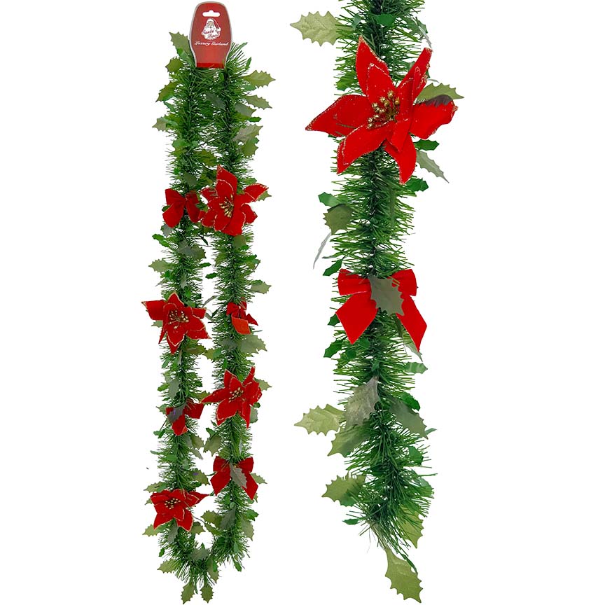 GARLAND GRN W/ BOW & POINSETTIA 6FT TRD