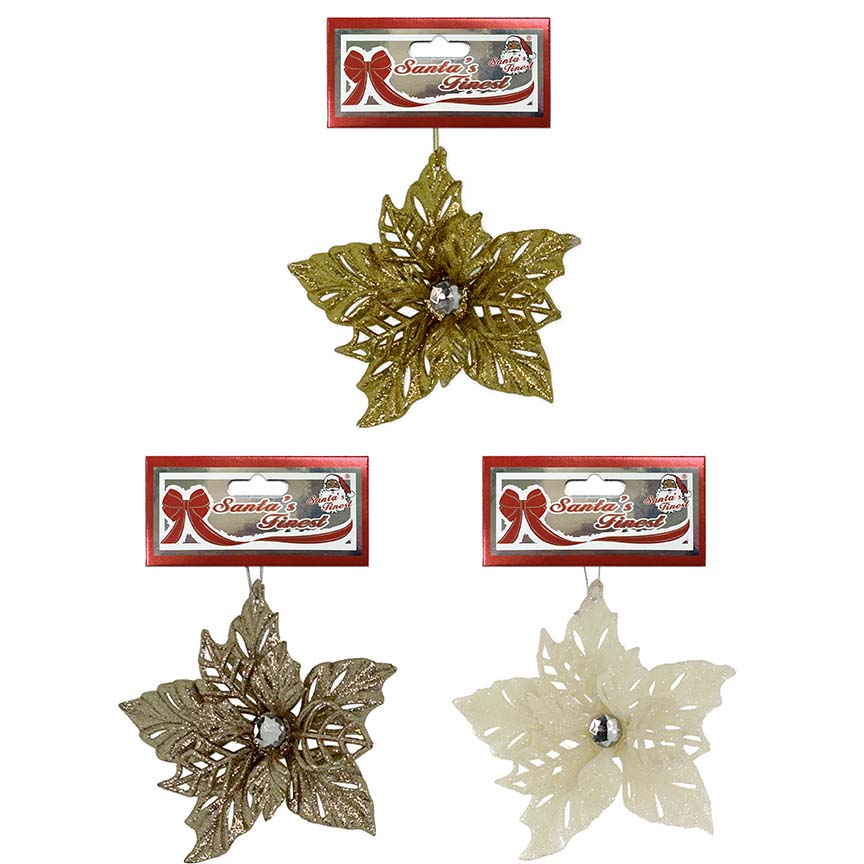 POINSETTIA 13.5CM GLITTER 3ASTD GLD