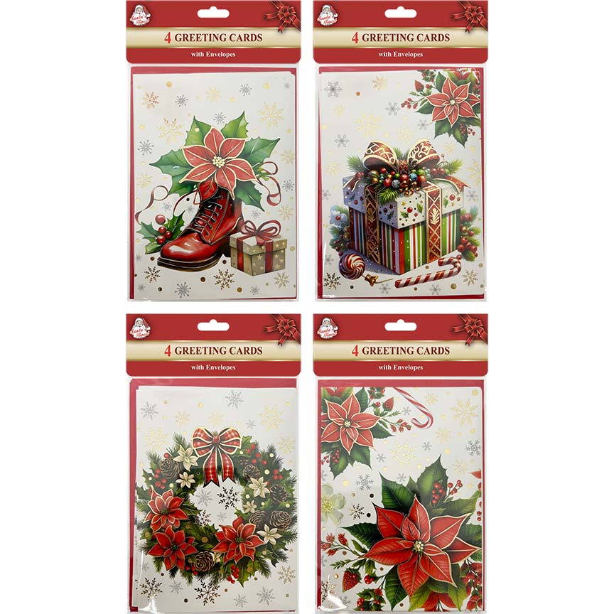 CHRISTMAS CARD  P244 4PC 4ASTD W/ ENVELOPE