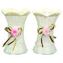 WOVEN WHITE VASE TALL WITH RIBBON FLOWER