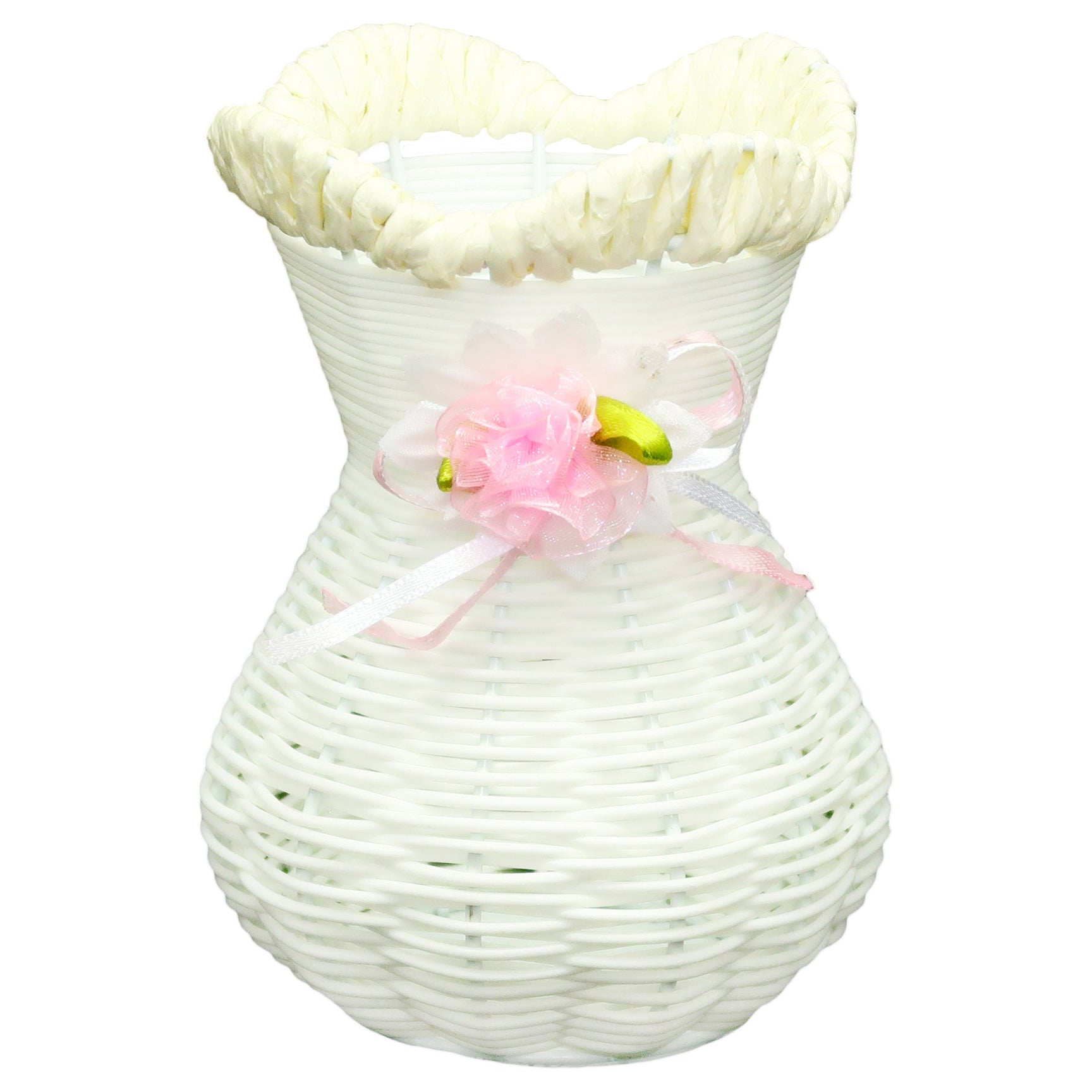 WOVEN WHITE VASE WIDE WITH RIBBON FLOWER