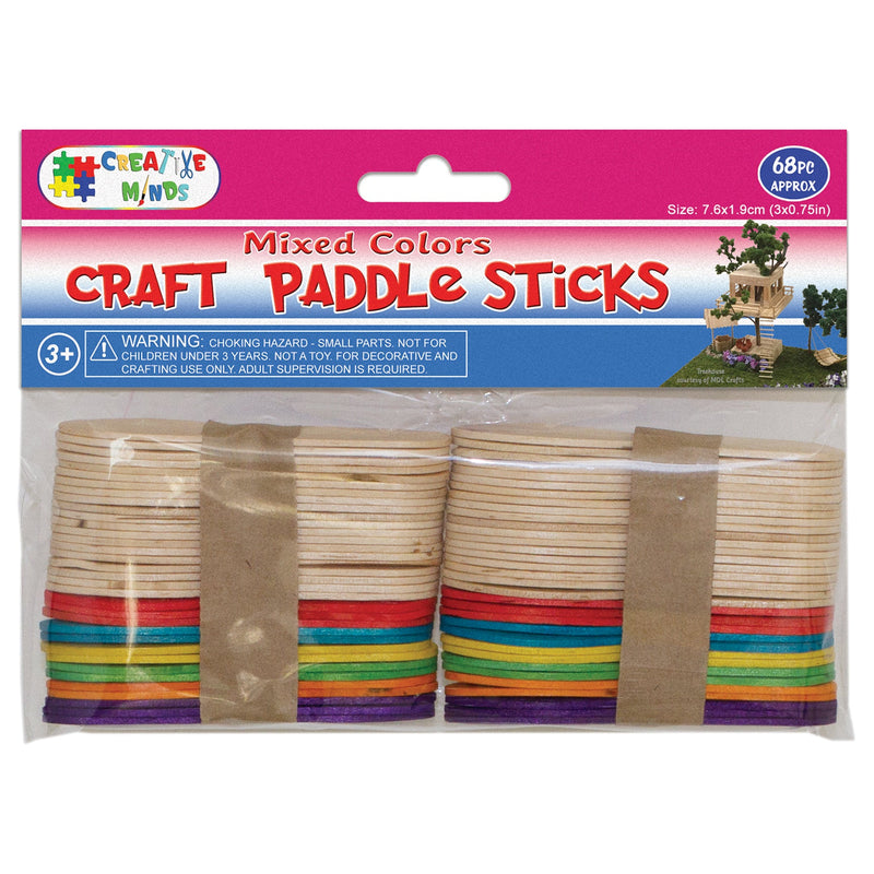 WOOD CRAFT PADDLE STICKS (MIX COL) 7.6CMx1.9CM 68PC