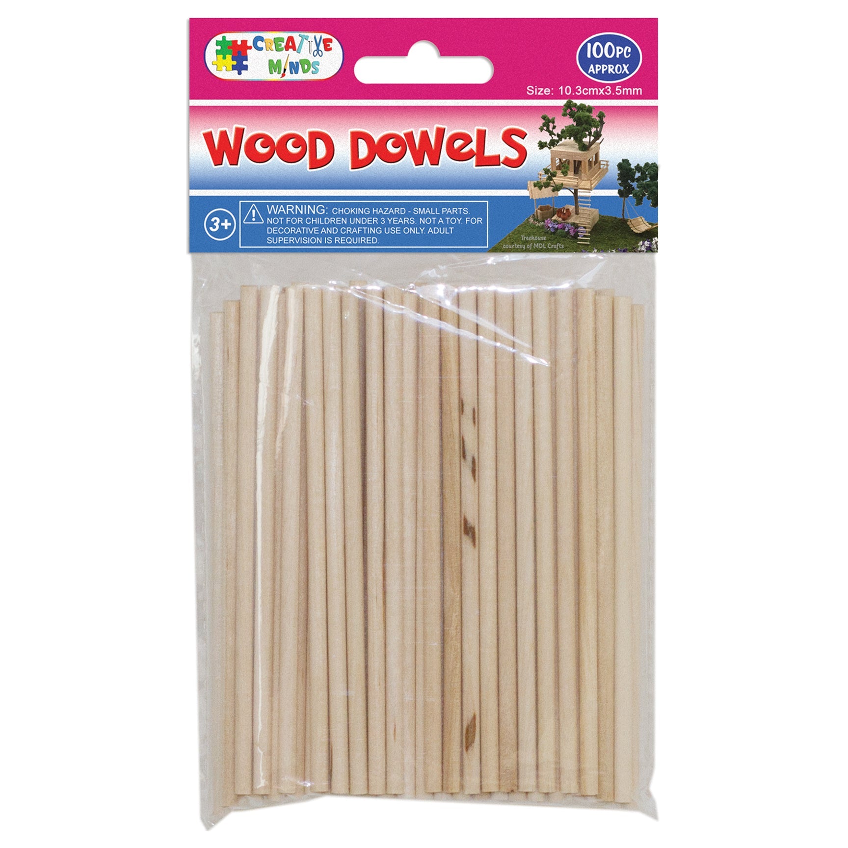 WOOD CRAFT DOWELS (NAT) 10.3CMx3.5MM 100PC