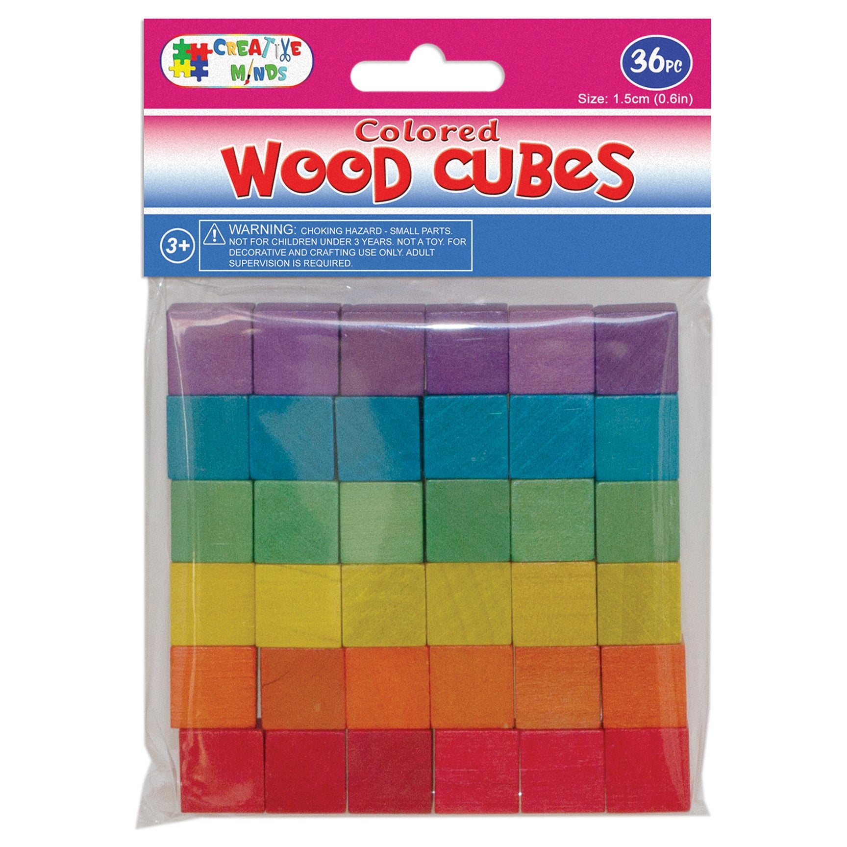 WOOD CRAFT CUBES (COL) 1.5CM 36PC