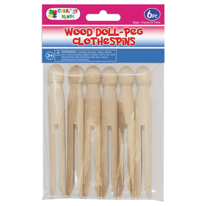 WOOD CRAFT DOLL-PEG CLOTHESPINS ROUND 11CMx13.7MM 6PC