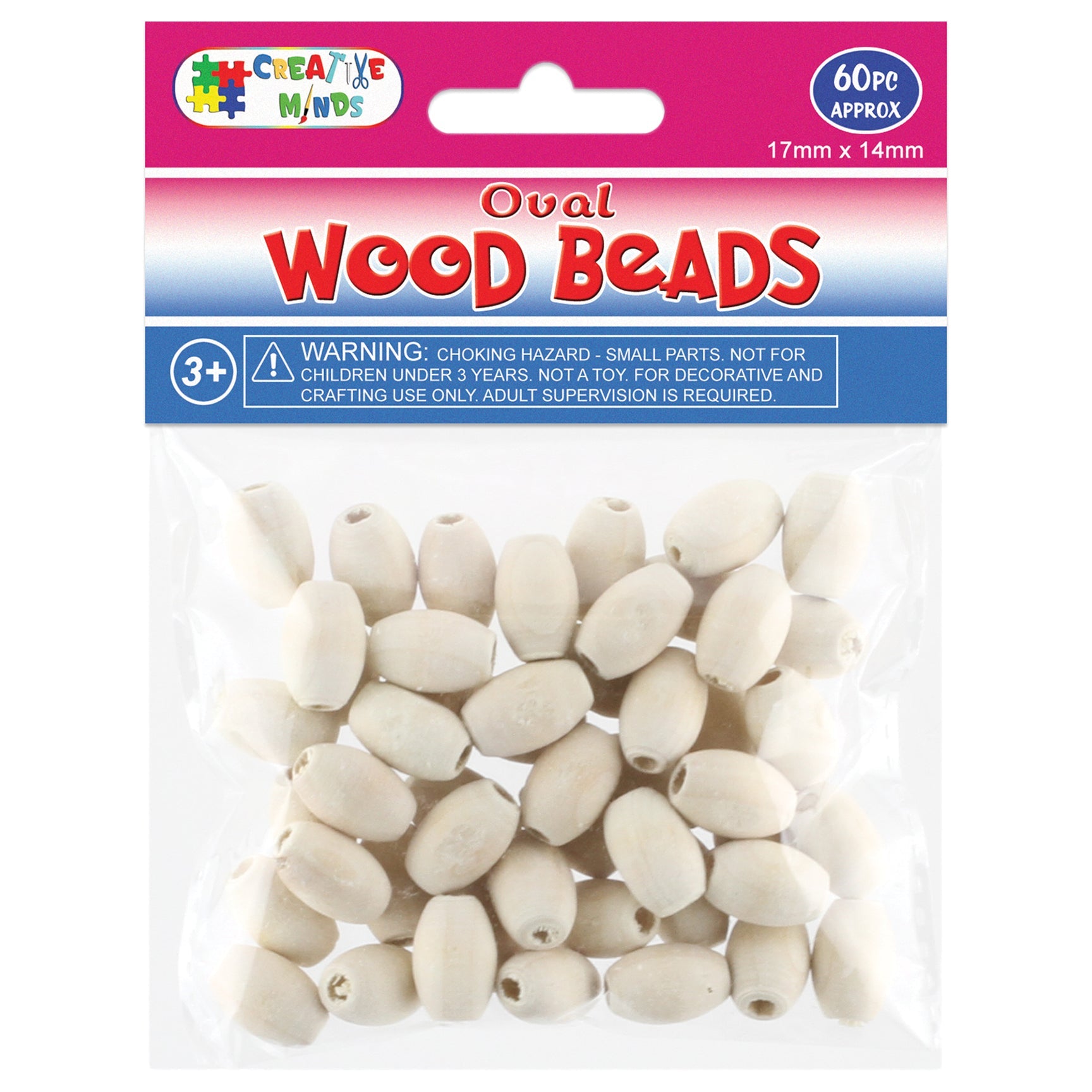 WOOD BEADS OVAL (NAT) 17MMx14MM 60PC