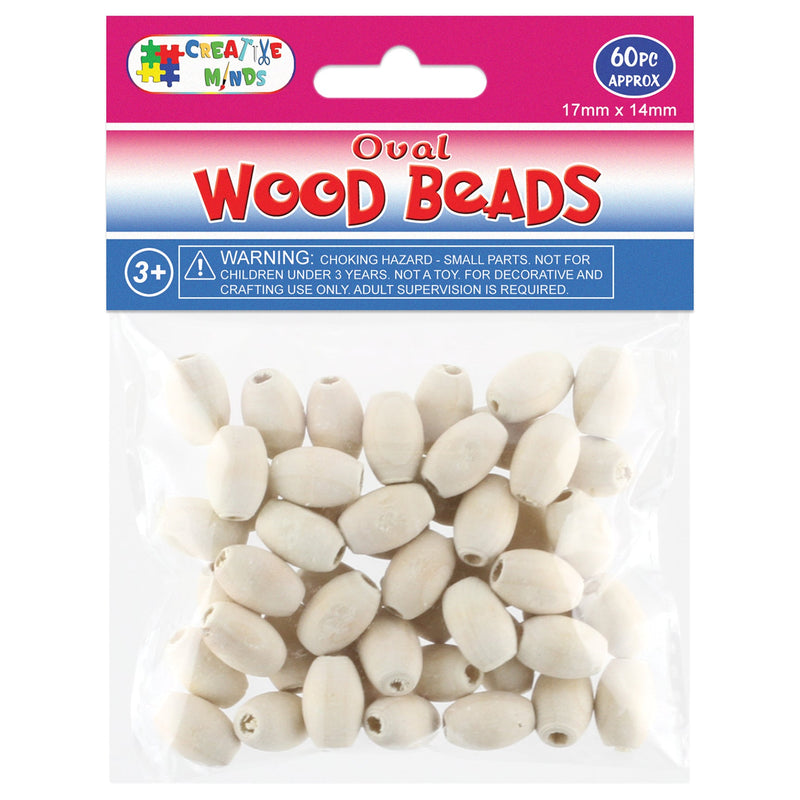 WOOD BEADS OVAL (NAT) 17MMx14MM 60PC