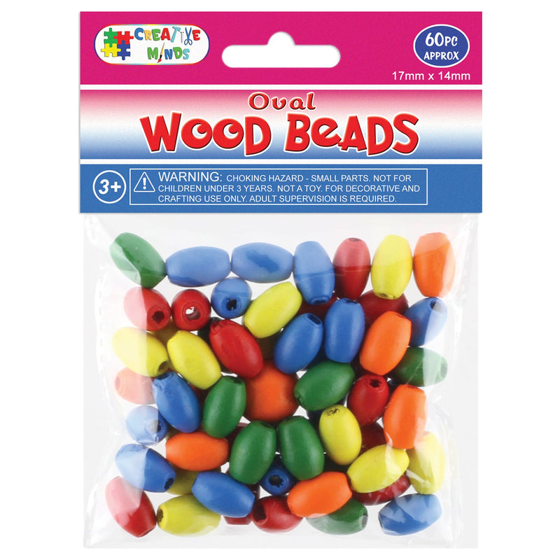 WOOD BEADS OVAL (COL) 17MMx14MM 60PC