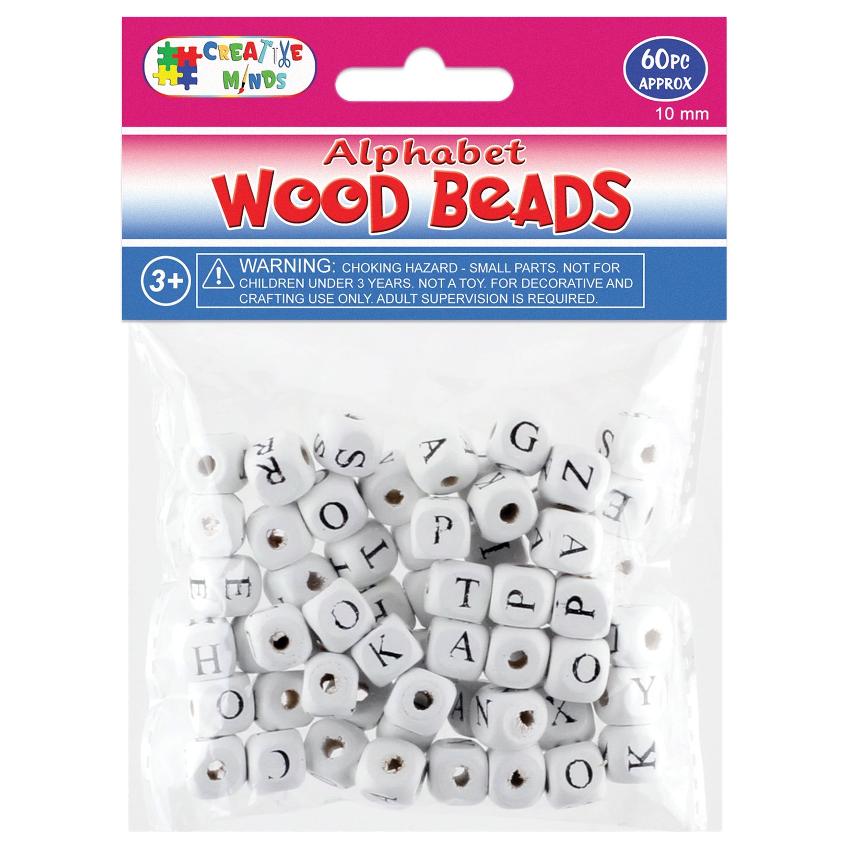 WOOD BEADS ALPHABET (WHITE) 10MM 60PC