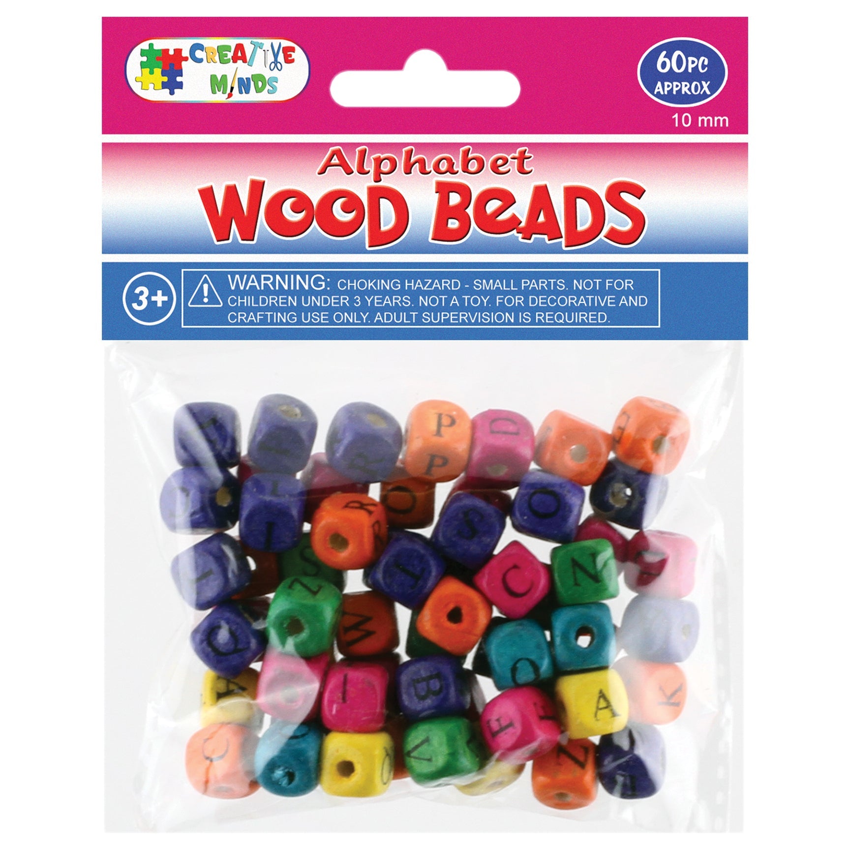 WOOD BEADS ALPHABET (COL) 10MM 60PC