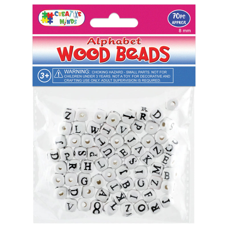 WOOD BEADS ALPHABET (WHITE) 8MM 70PC