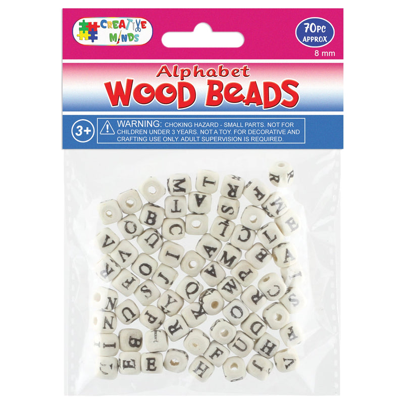 WOOD BEADS ALPHABET (NAT) 8MM 70PC