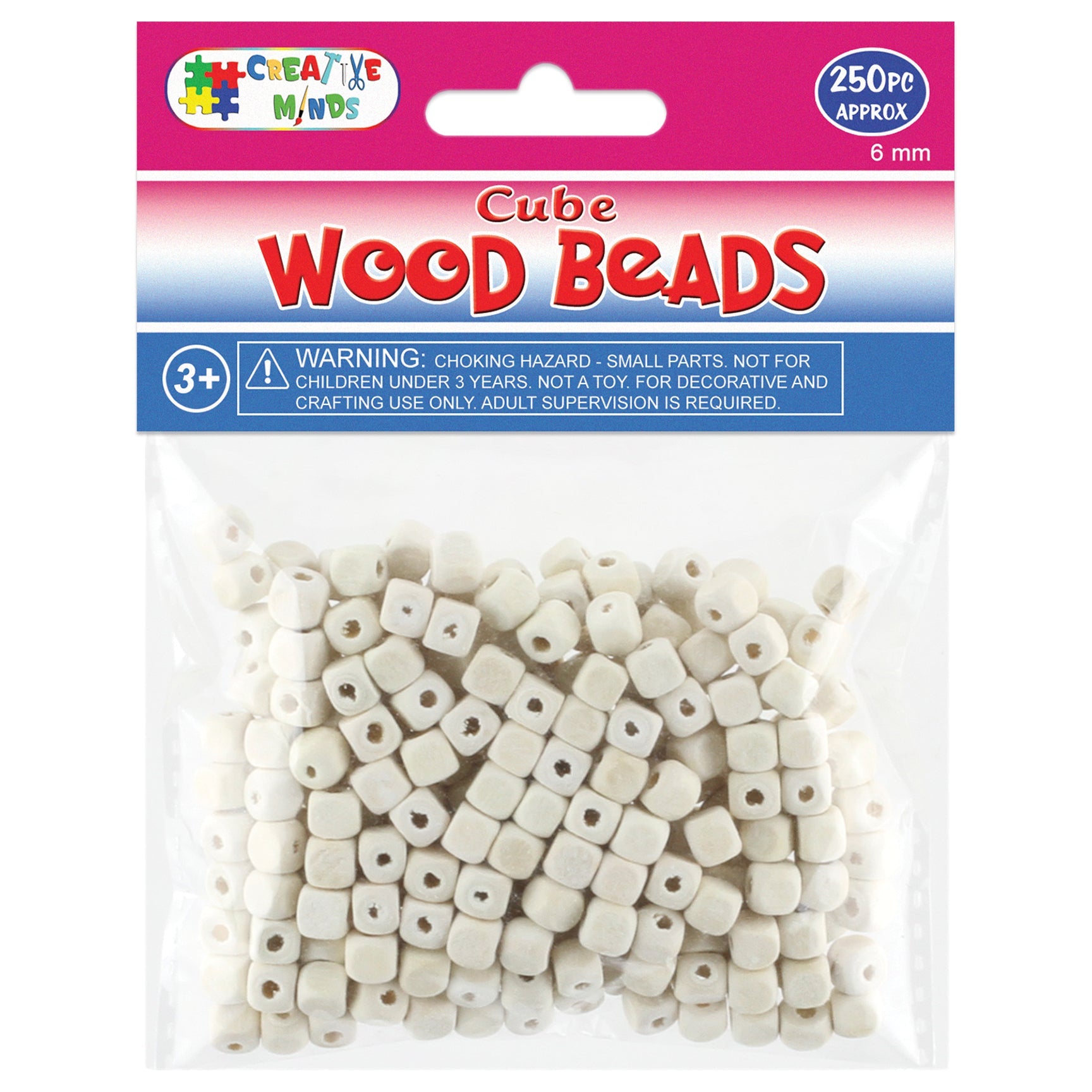 WOOD BEADS CUBE (NAT) 6MM 250PC