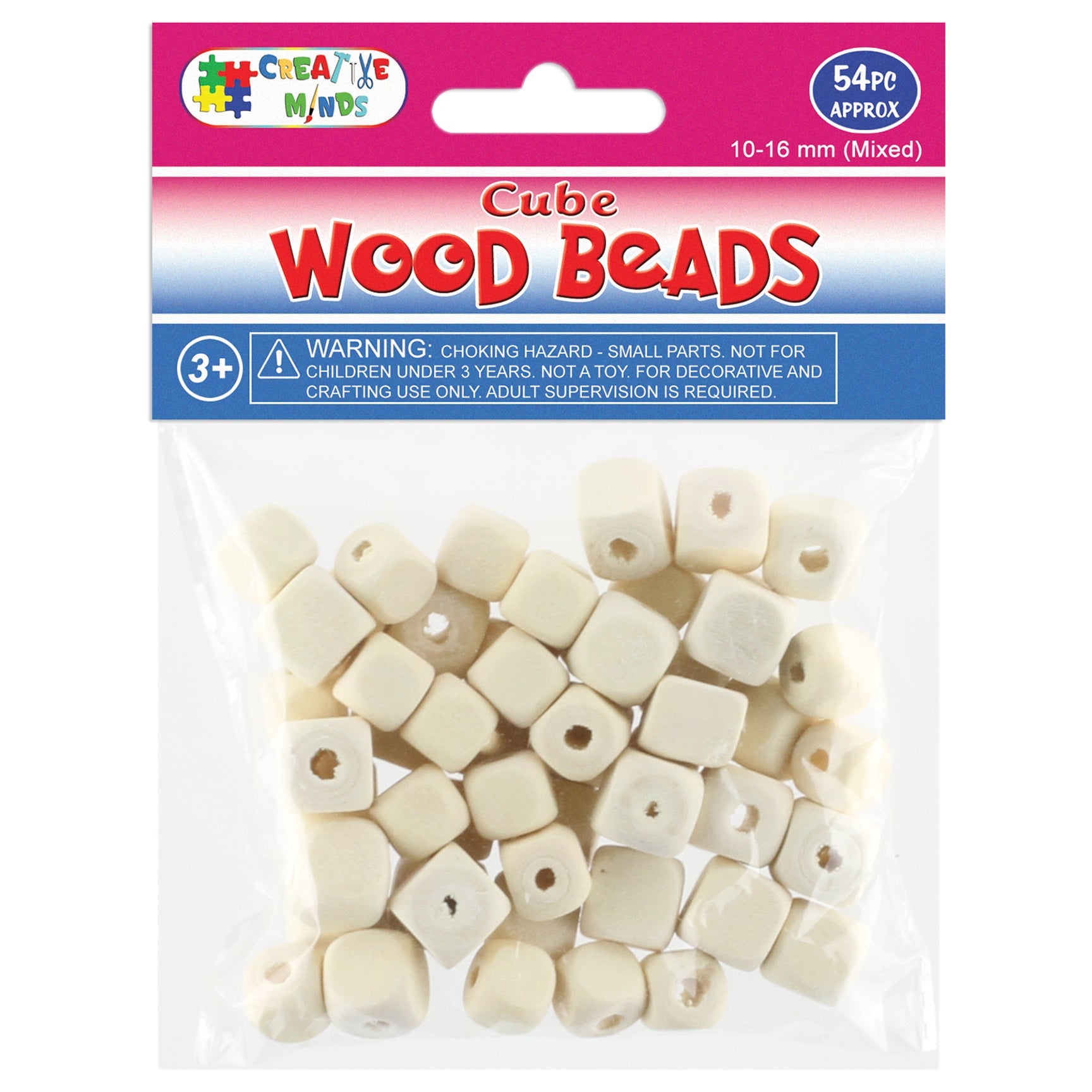 WOOD BEADS CUBE (NAT) MIXED SIZES 10-16MM 54PC