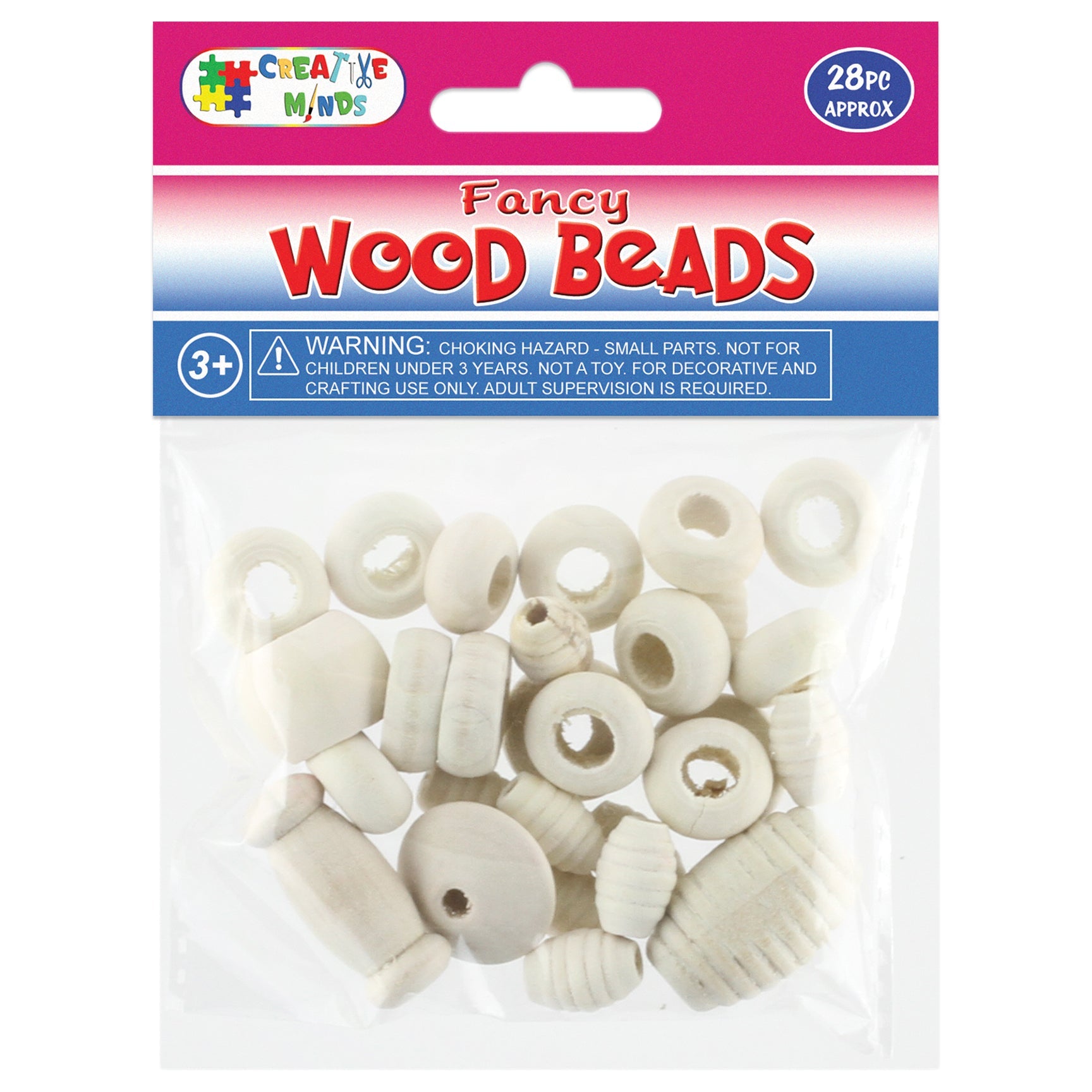 WOOD BEADS ASSTD (NAT) 28PC