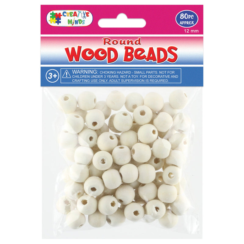 WOOD BEADS ROUND (NAT) 12MM 80PC