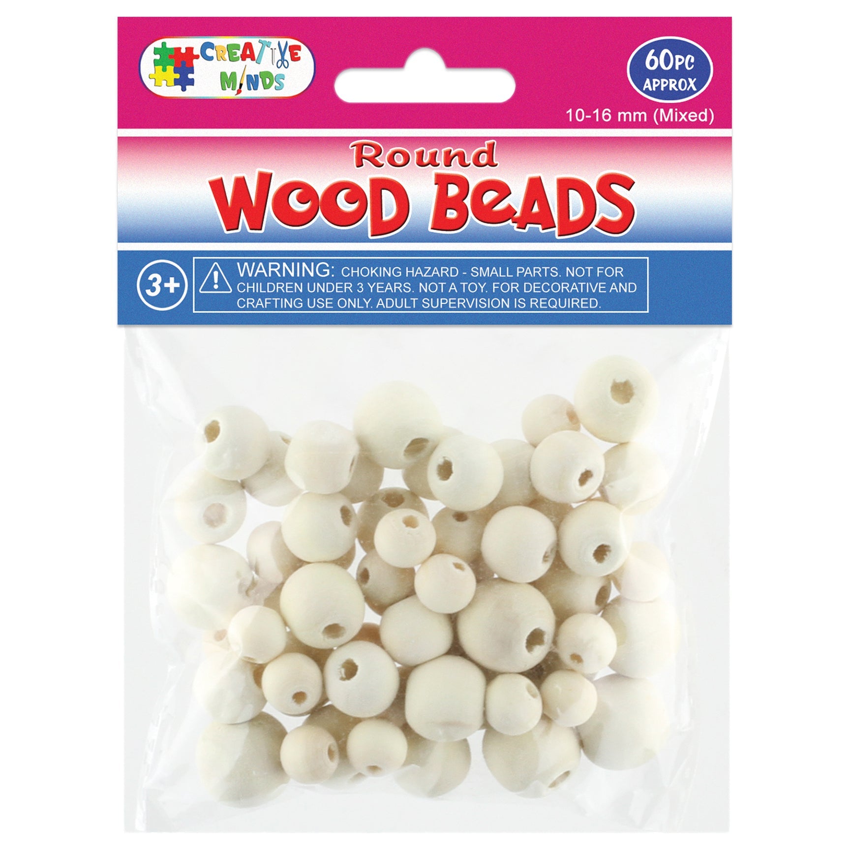 WOOD BEADS ROUND (NAT) MIXED SIZES 10-16MM 60PC