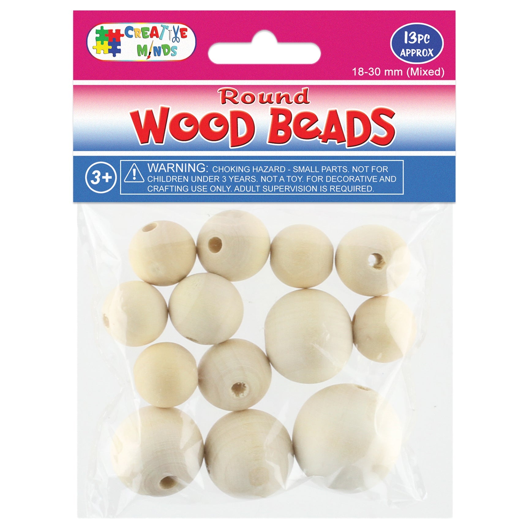 WOOD BEADS ROUND (NAT) MIXED SIZES 18-30MM 13PC