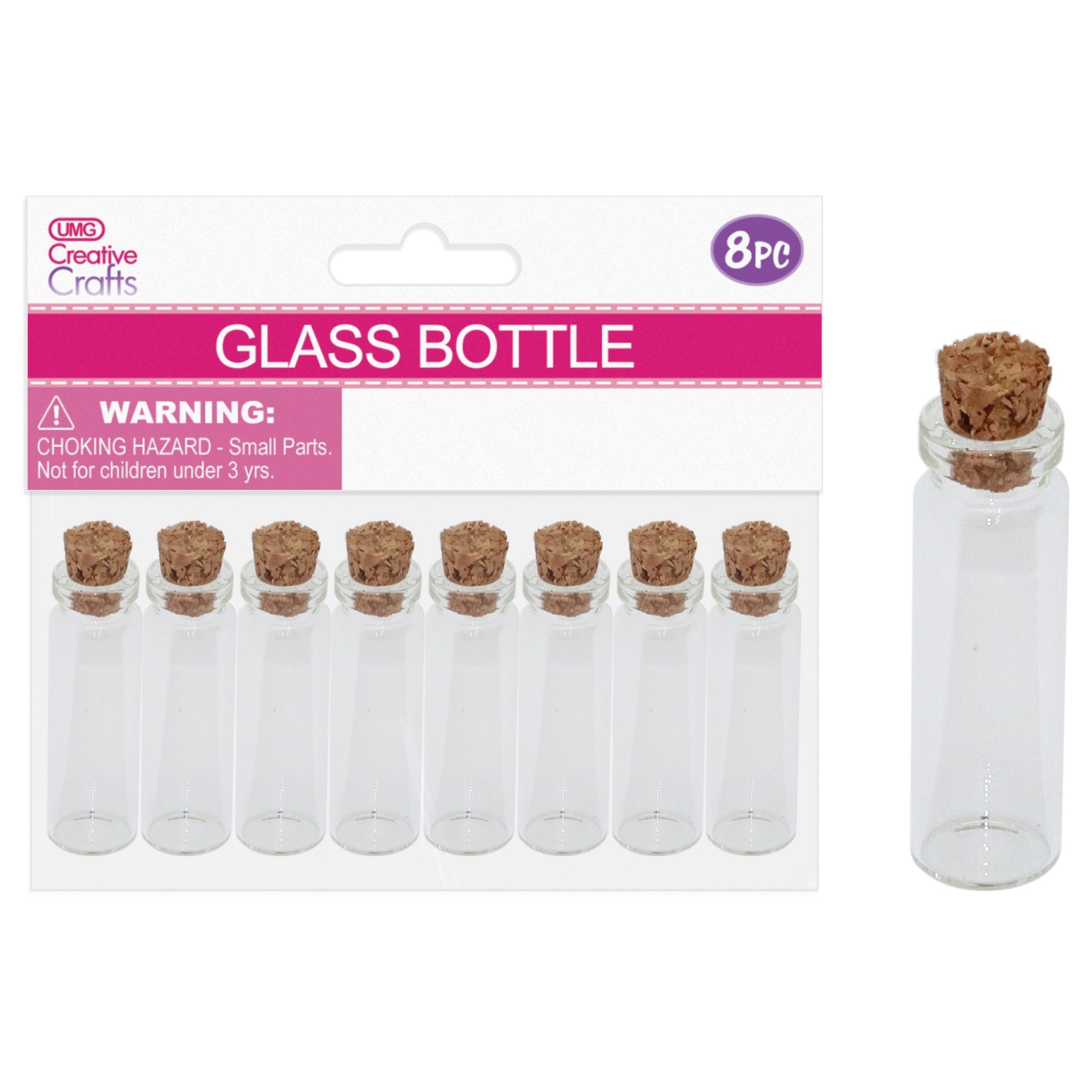 MINI GLASS BOTTLE CONT W CORK LID 8PC