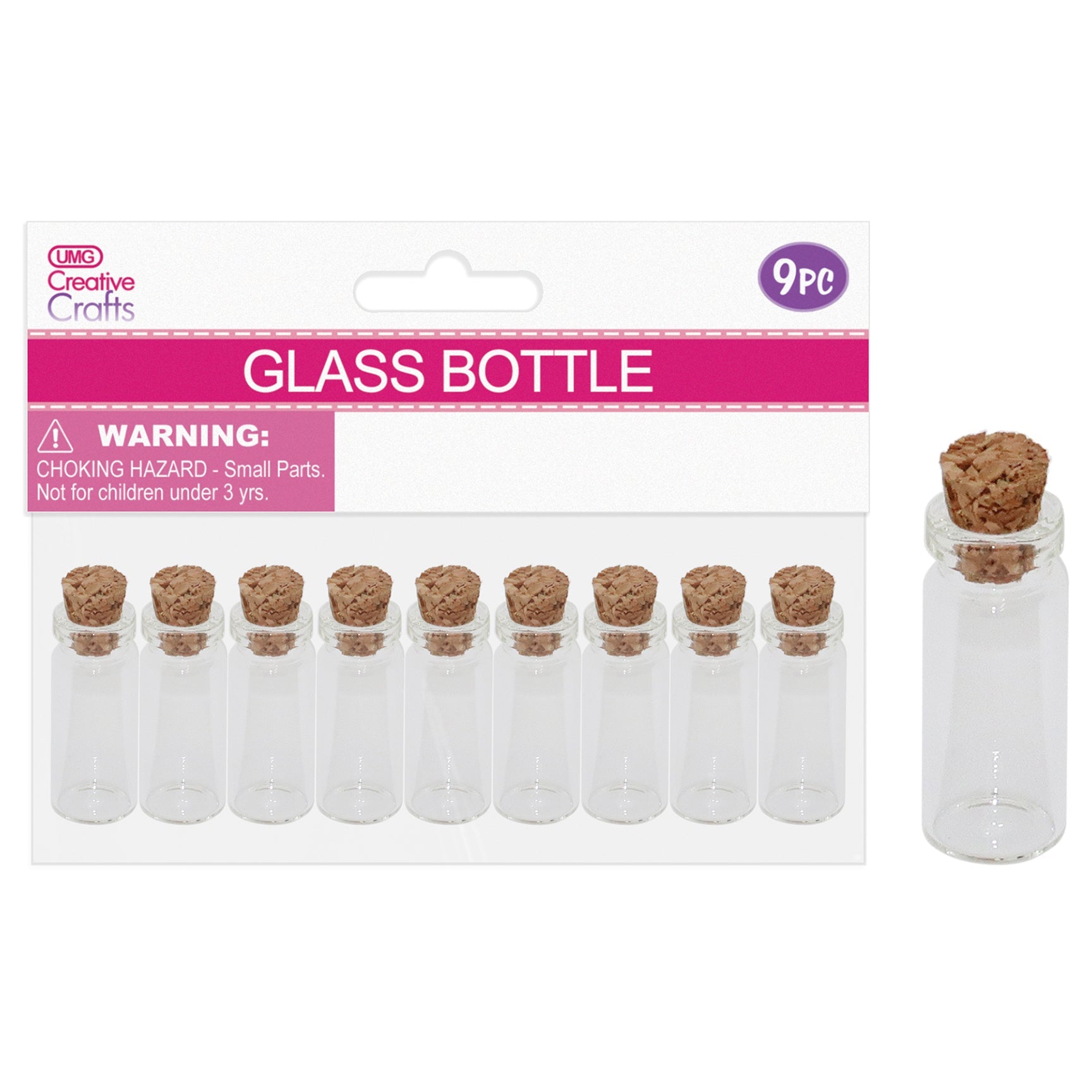 MINI GLASS BOTTLE CONT W CORK LID 9PC