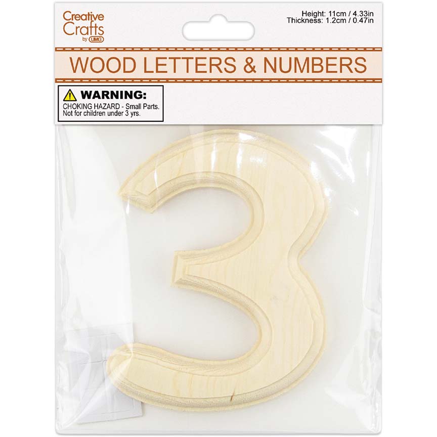 3 WOOD NUMBER BEVEL CUT (NATURAL) 11x1.2CM