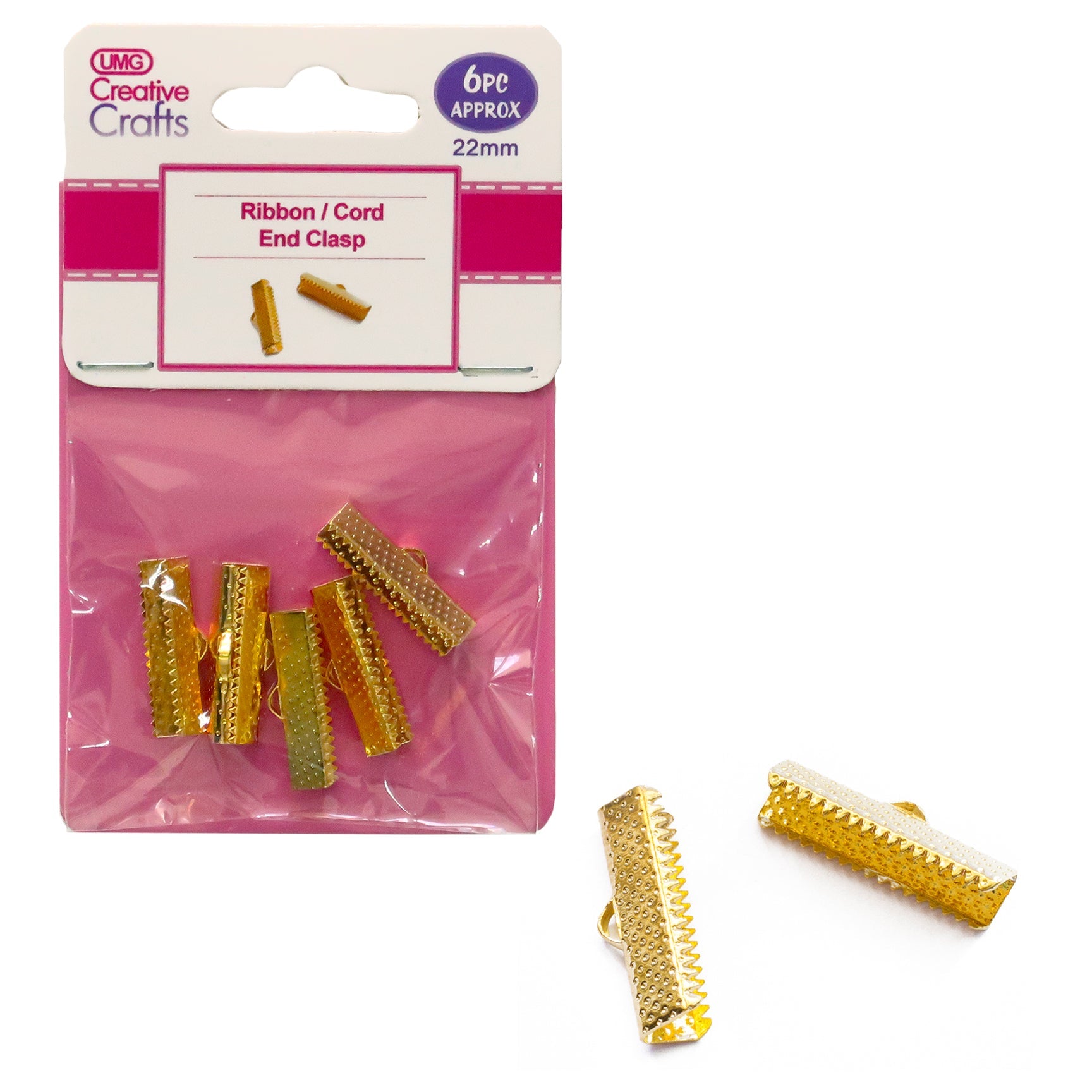 RIBBON/CORD END CLASP 22MM 6PC Gold