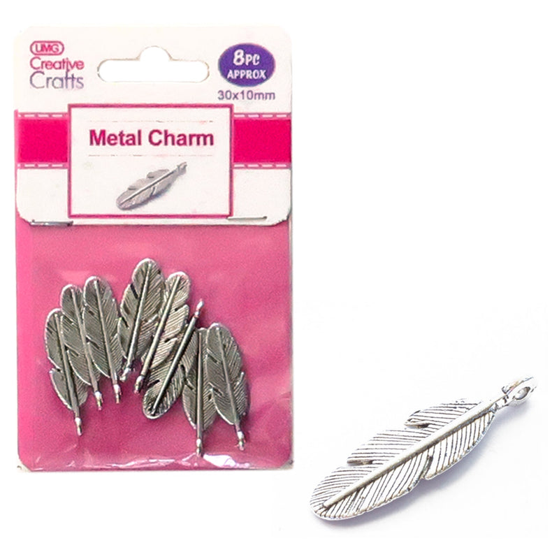 METAL CHARMS 30MM X 10MM 8PC FEATHER