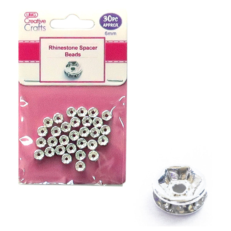 RHINESTONE SPACER BEADS 6MM 30PC (SILVER)