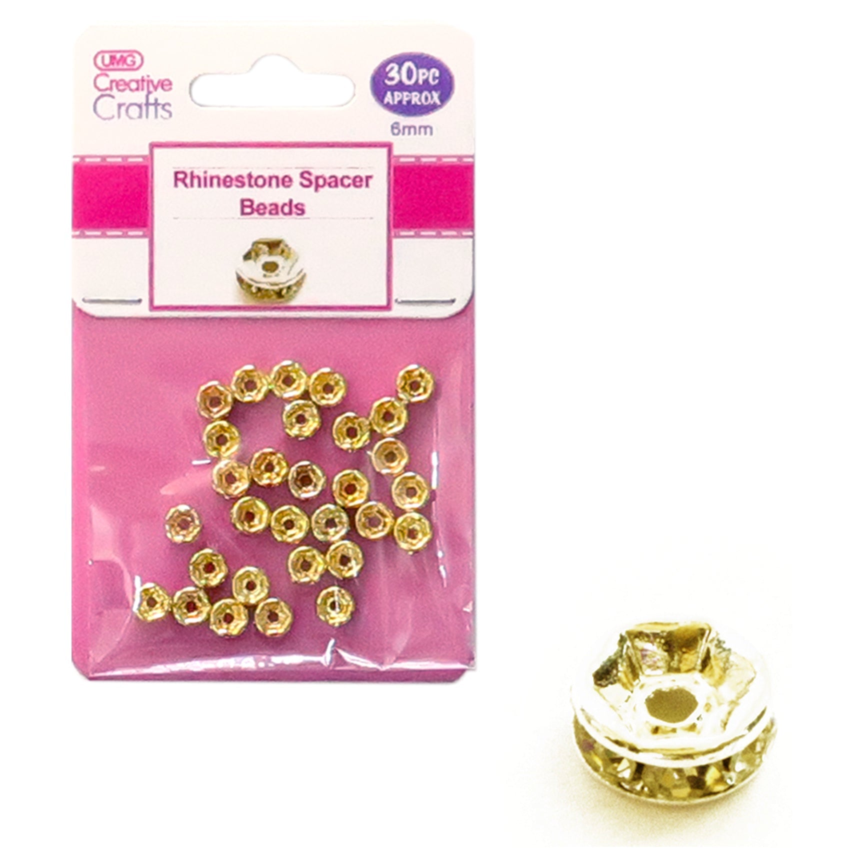 RHINESTONE SPACER BEADS 6MM 30PC (GOLD)