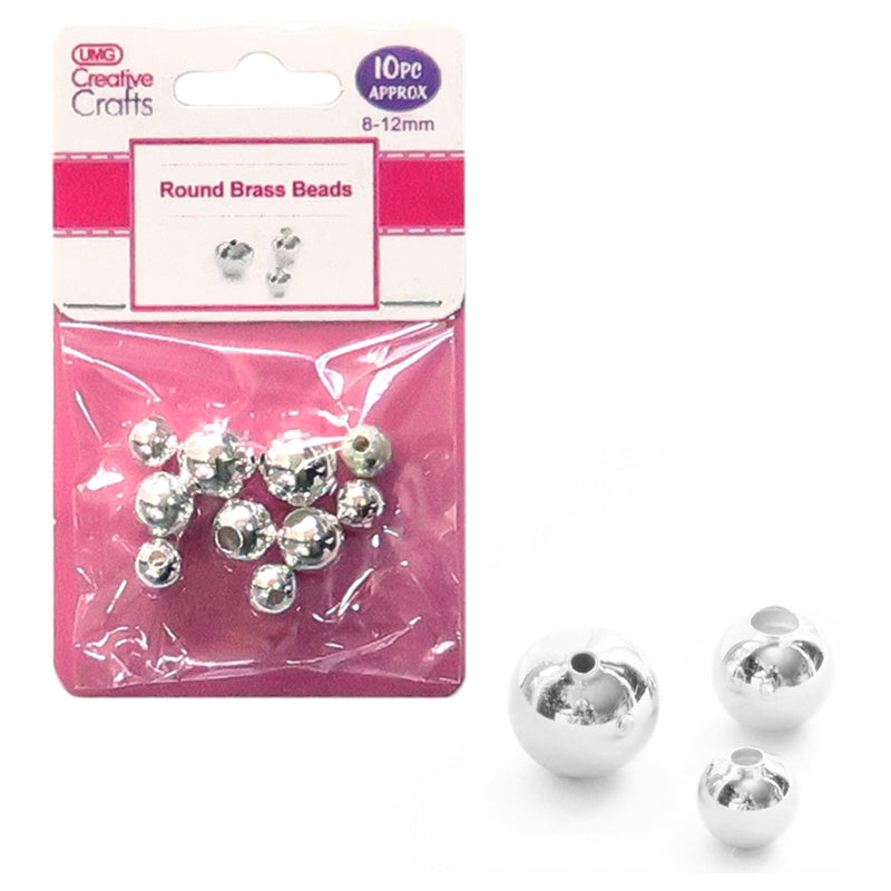 ROUND BRASS BEADS 8-12MM 10PC (SILVER)