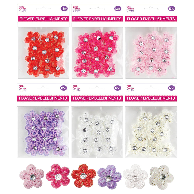 FLOWER CRAFT; SATIN W/ GEM & GLITTER 12PC 3CM