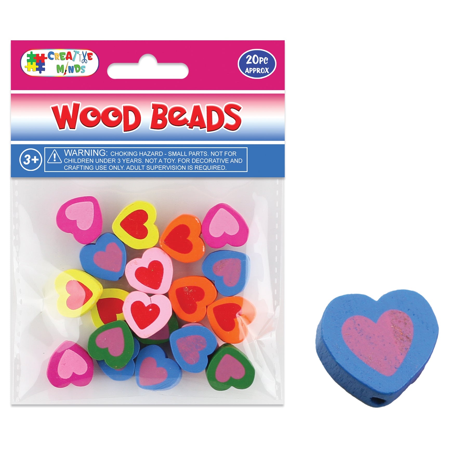 WOOD BEADS; HEART 20PC 1.8CM