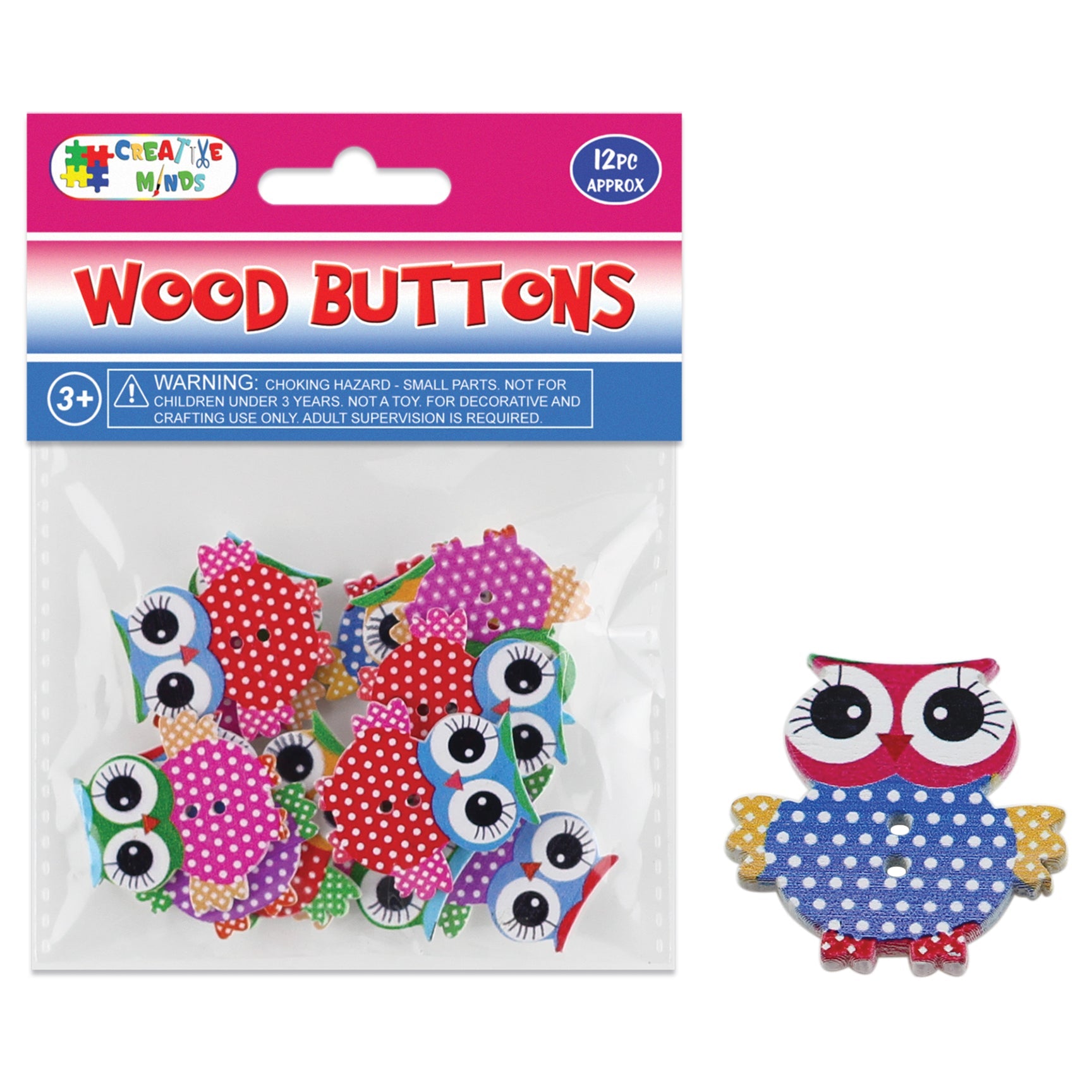 WOOD BUTTON OWL 12PC 3.2x3.3CM