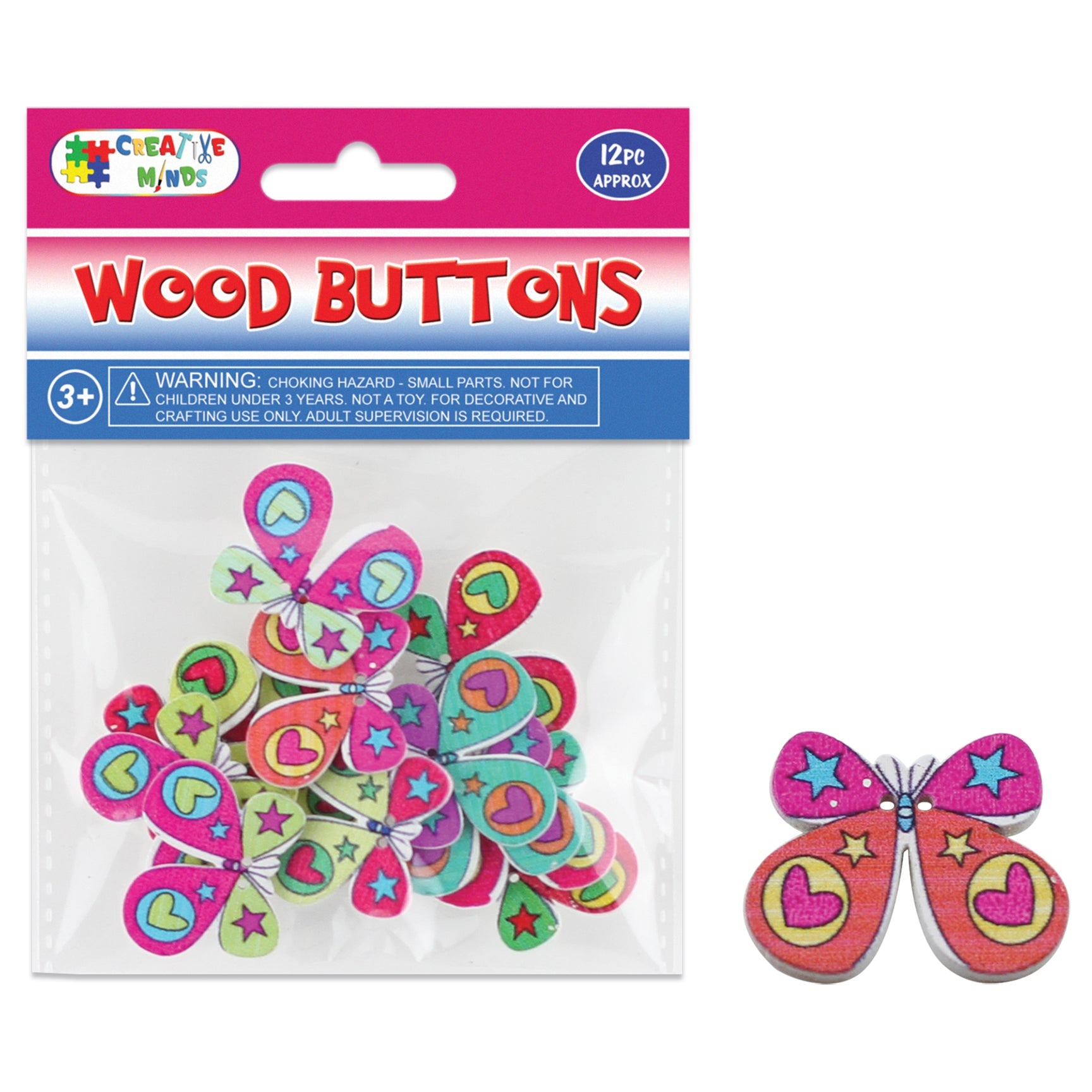 WOOD BUTTON BUTTERFLY W/ STARS 12PC 3.1x2.5CM