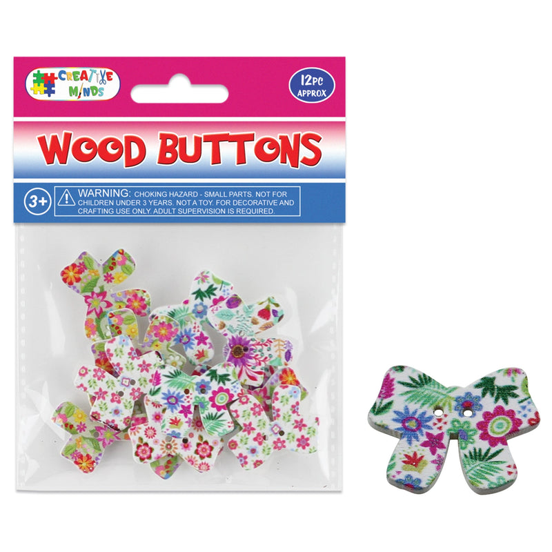 WOOD BUTTON FLORAL BOW 12PC 3x2.4CM