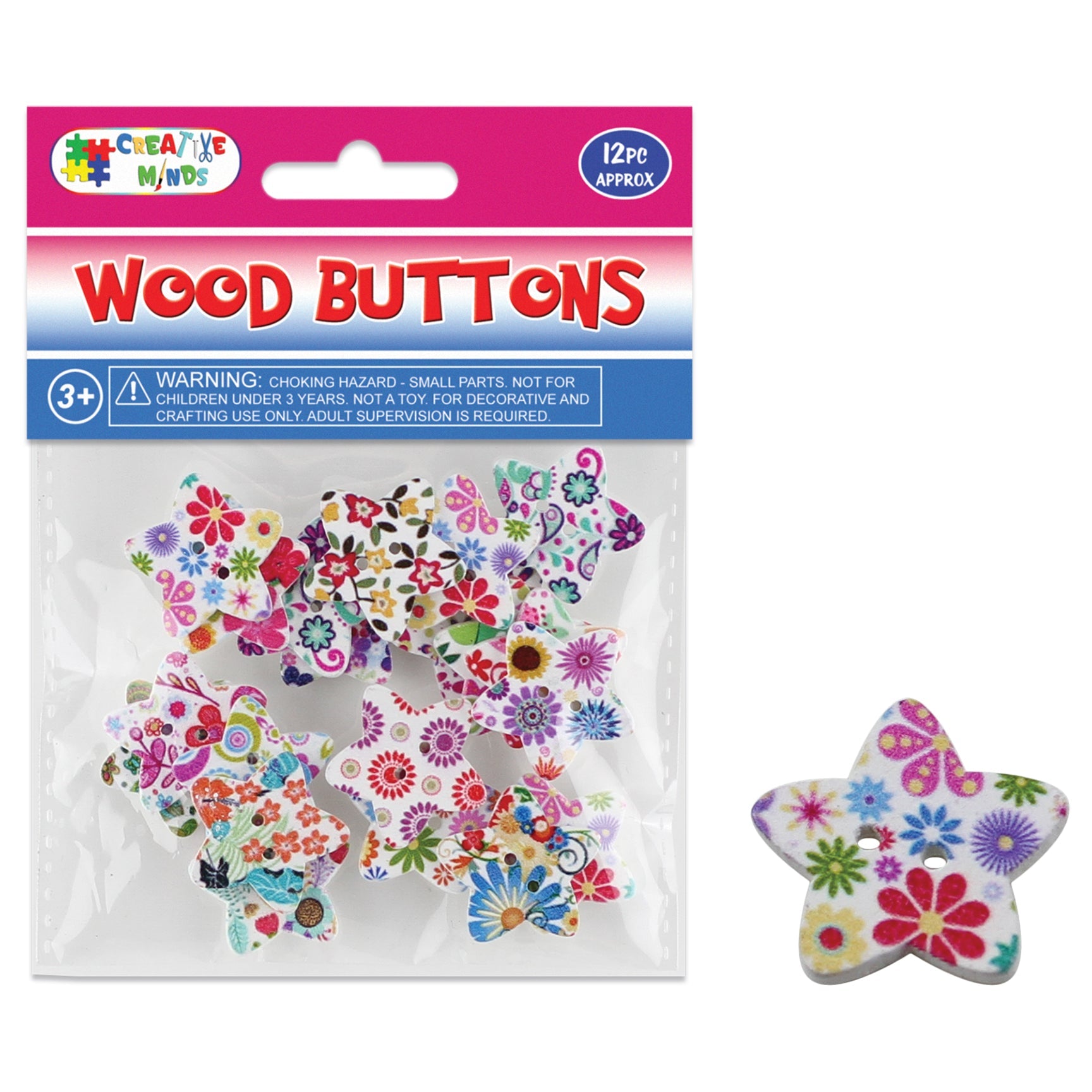 WOOD BUTTON STAR 20PC 2.5CM