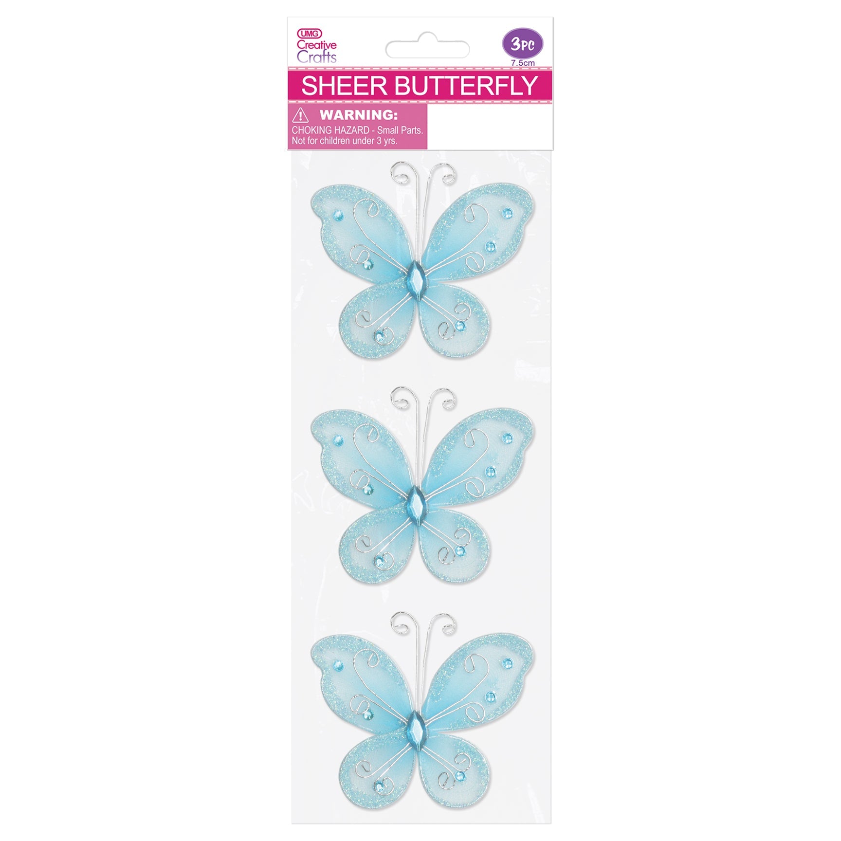 BUTTERFLY EMBELISHMENT 7.5CM 3PC LT BLUE