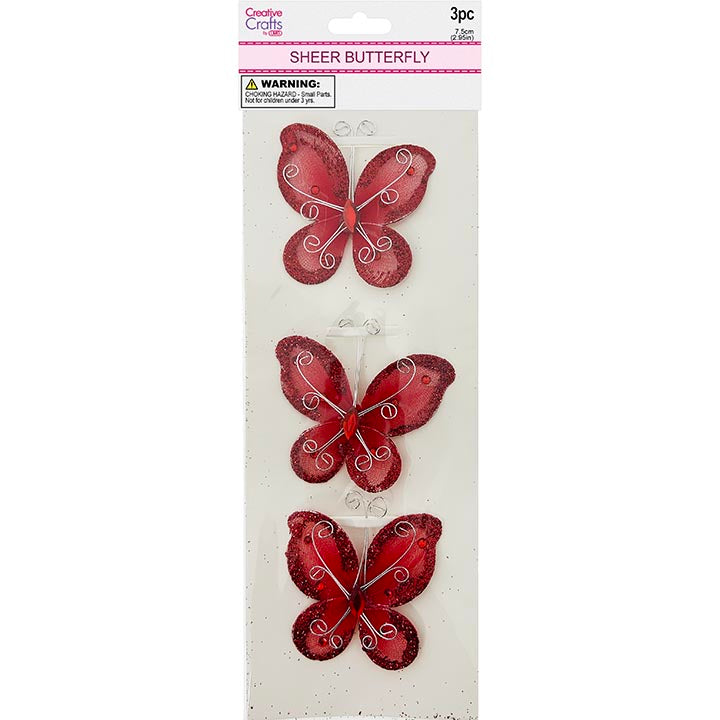 BUTTERFLY EMBELISHMENT 7.5CM 3PC RED