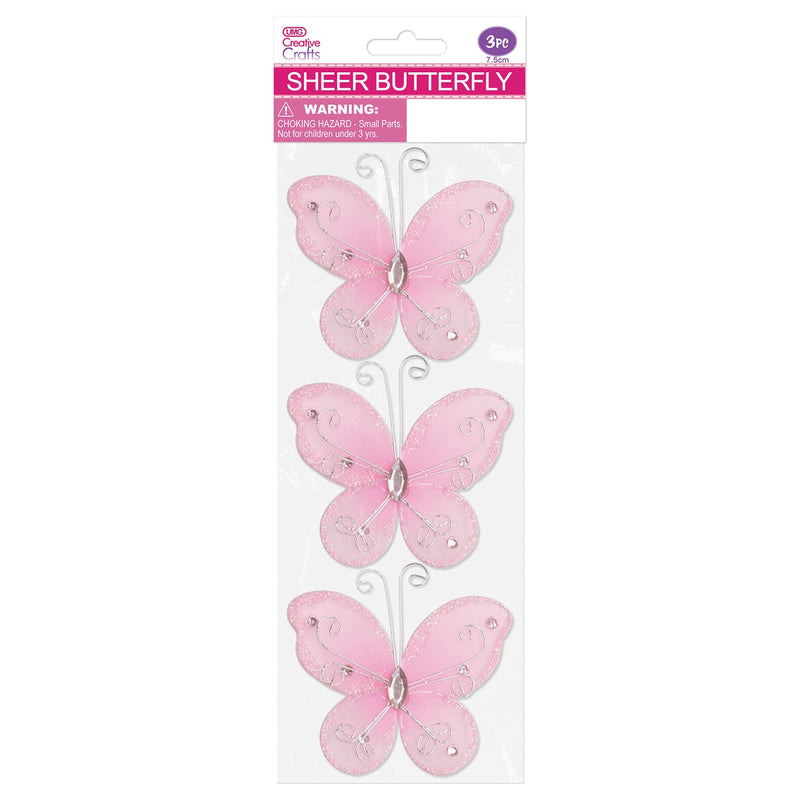 BUTTERFLY EMBELISHMENT 7.5CM 3PC LT PINK