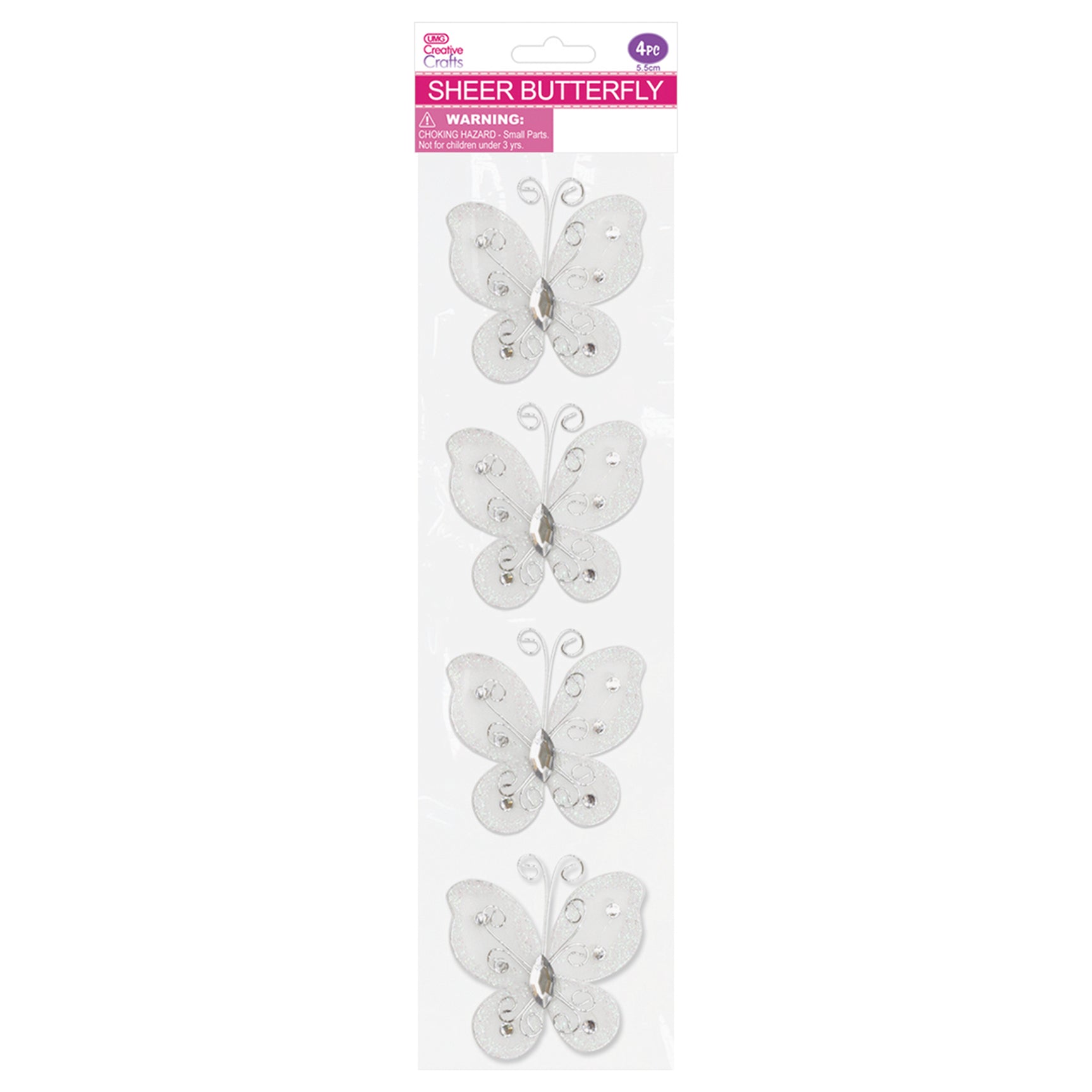 BUTTERFLY EMBELISHMENT 5.5CM 4PC WHITE