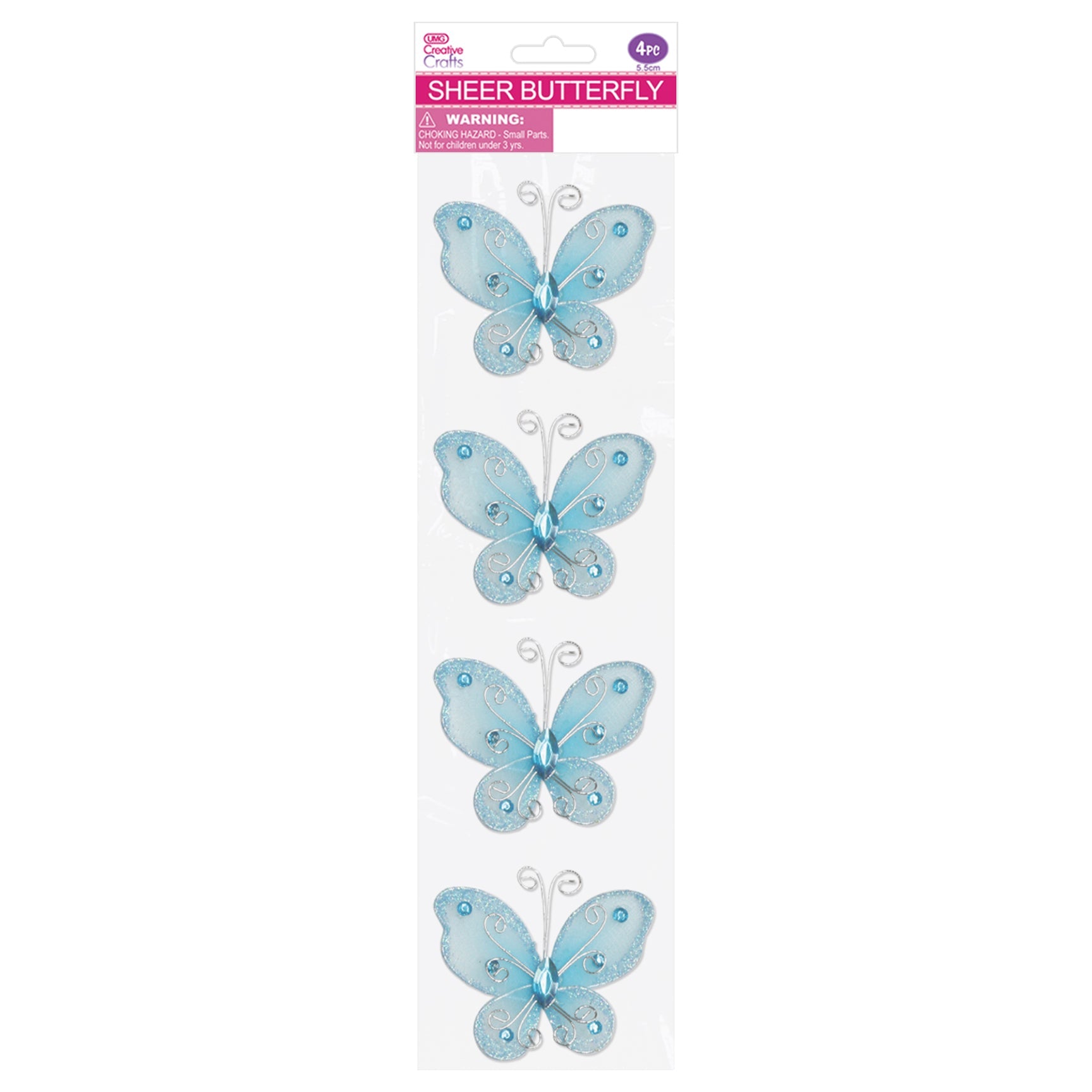 BUTTERFLY EMBELISHMENT 5.5CM 4PC LT BLUE