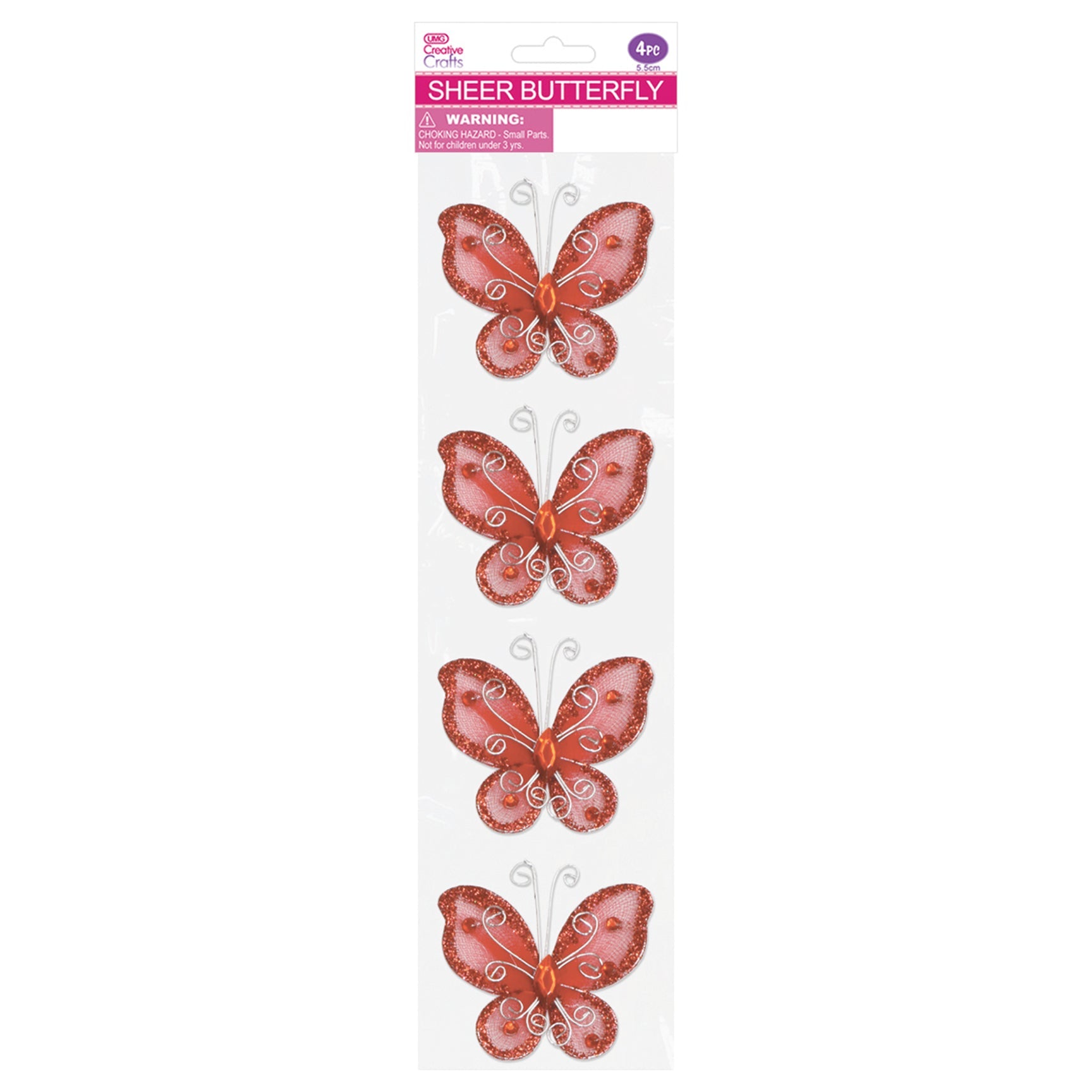 BUTTERFLY EMBELISHMENT 5.5CM 4PC RED