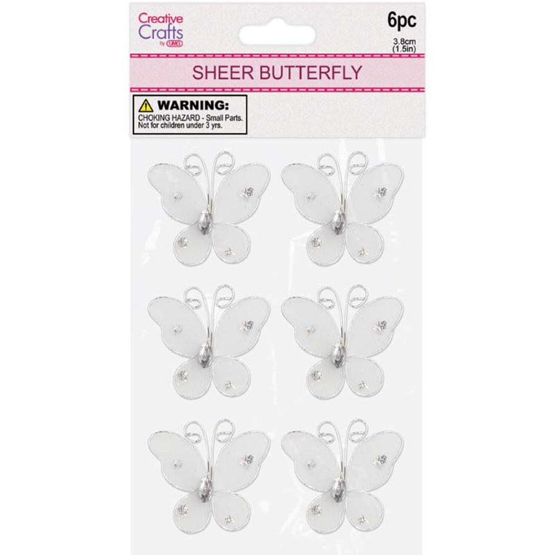 BUTTERFLY EMBELISHMENT 3.8CM 6PC WHITE