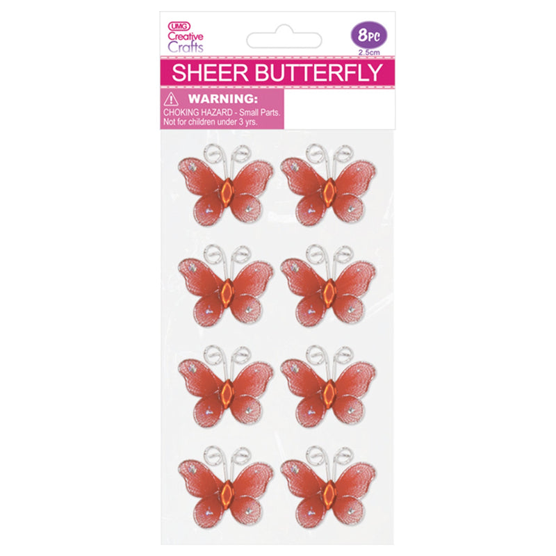 BUTTERFLY EMBELISHMENT 2.5CM 8PC RED